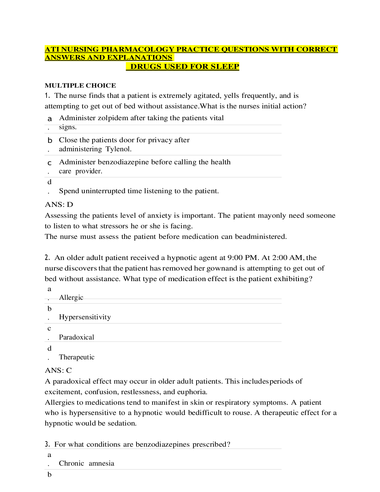 Preview image for ATI NURSING PHARMACOLOGY PRACTICE QUESTIONS WITH CORRECT ANSWERS AND EXPLANATIONS DRUGS USED FOR SLEEP